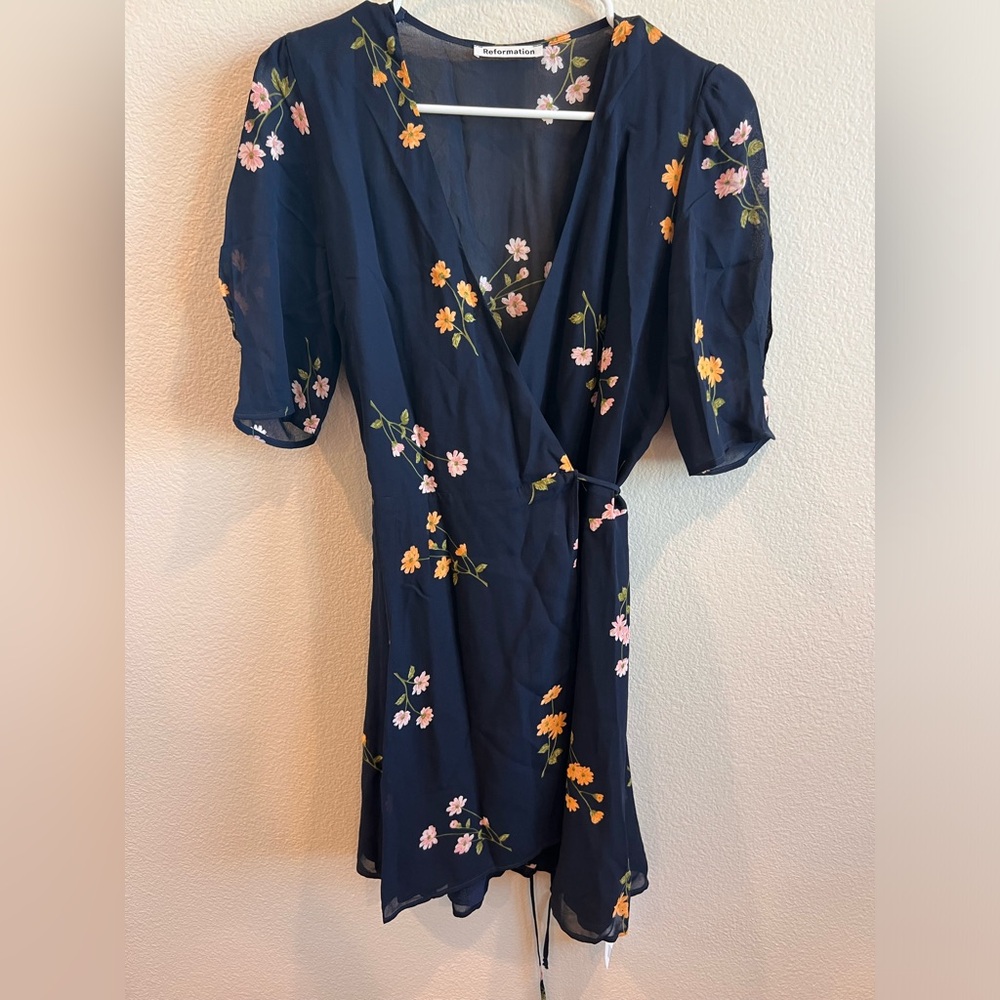 Reformation blue floral mini wrap dress Size 10